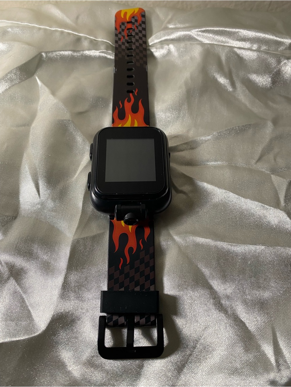 Black Smartwatch with Red & Orange Flame Silicone Band